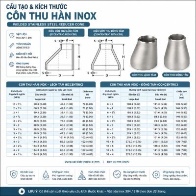 Cấu tạo kích thước côn thu hàn inox