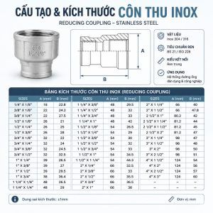 Cấu tạo kích thước côn thu ren inox