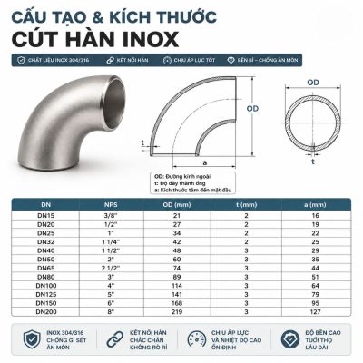 Cấu tạo kích thước cút hàn inox