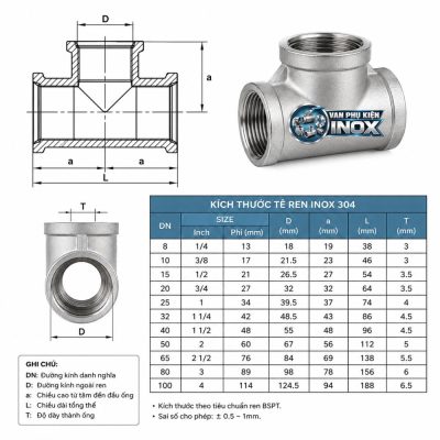 Cấu tạo kích thước tê ren inox