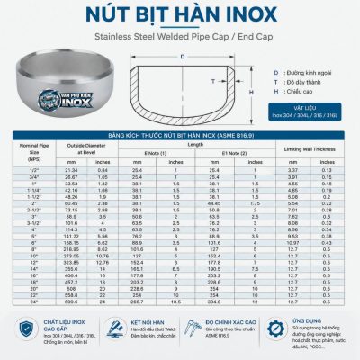 Kích thước nút bịt hàn inox