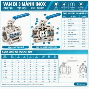 Cấu tạo bảng Kích thước Van Bi 3 Mảnh Inox